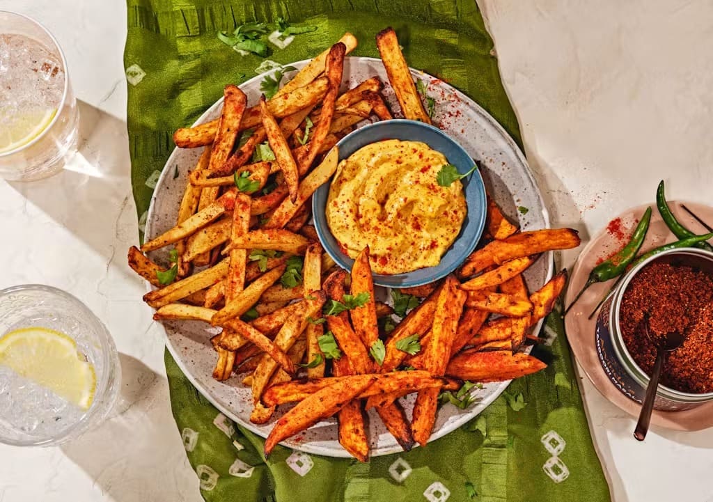 Masala Fries with Garlicky Curried Mayo Dip